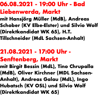 06.08.2021 - 19:00 Uhr - Bad Liebenwerda, Markt mit Hansjörg Müller (MdB), Andreas Schober (KV Elbe-Elster) und Silvio Wolf (Direktkandidat WK 65), H.T. Tillschneider (MdL Sachsen-Anhalt) 21.08.2021 - 17:00 Uhr - Senftenberg, Markt mit Birgit Bessin (MdL), Tino Chrupalla (MdB), Oliver Kirchner (MDL Sachsen-Anhalt), Andreas Galau (MdL), Ingo Hubatsch (KV OSL) und Silvio Wolf (Direktkandidat WK 65)