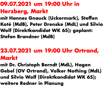 09.07.2021 um 19:00 Uhr in Herzberg, Markt mit Hannes Gnauck (Uckermark), Steffen Koté (MdB), Peter Drenske (MdL) und Silvio Wolf (Direktkandidat WK 65); geplant: Stefan Brandner (MdB) 23.07.2021 um 19:00 Uhr Ortrand, Markt mit Dr. Christoph Berndt (MdL), Hagen Gebel (OV Ortrand), Volker Nothing (MdL) und Silvio Wolf (Direktkandidat WK 65); weitere Redner in Planung