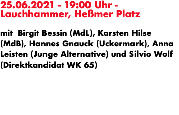 25.06.2021 - 19:00 Uhr - Lauchhammer, Heßmer Platz mit Birgit Bessin (MdL), Karsten Hilse (MdB), Hannes Gnauck (Uckermark), Anna Leisten (Junge Alternative) und Silvio Wolf (Direktkandidat WK 65)